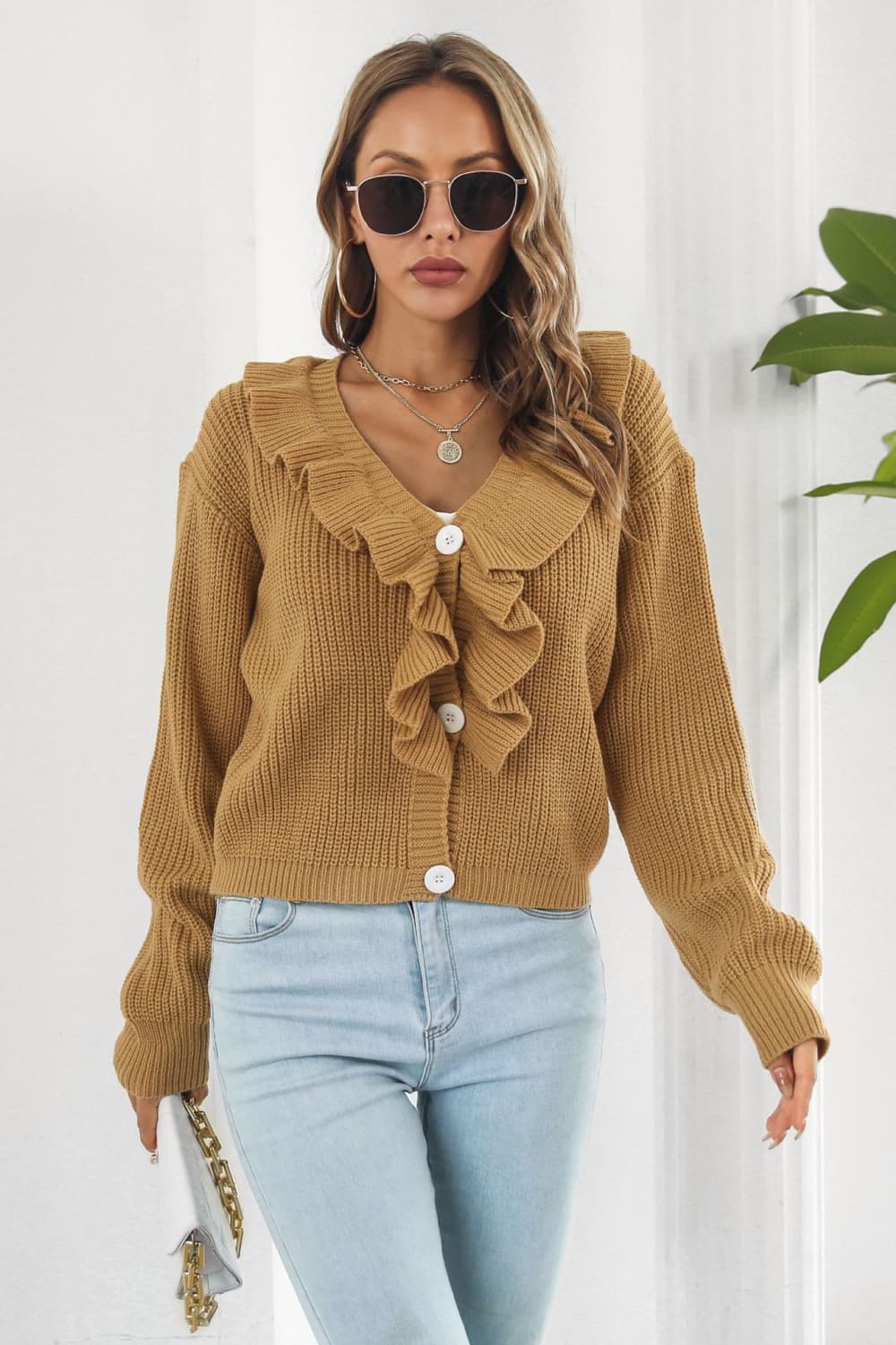 TrendiStyles Ruffle Trim Button-Down Dropped Shoulder Sweater 🦋
