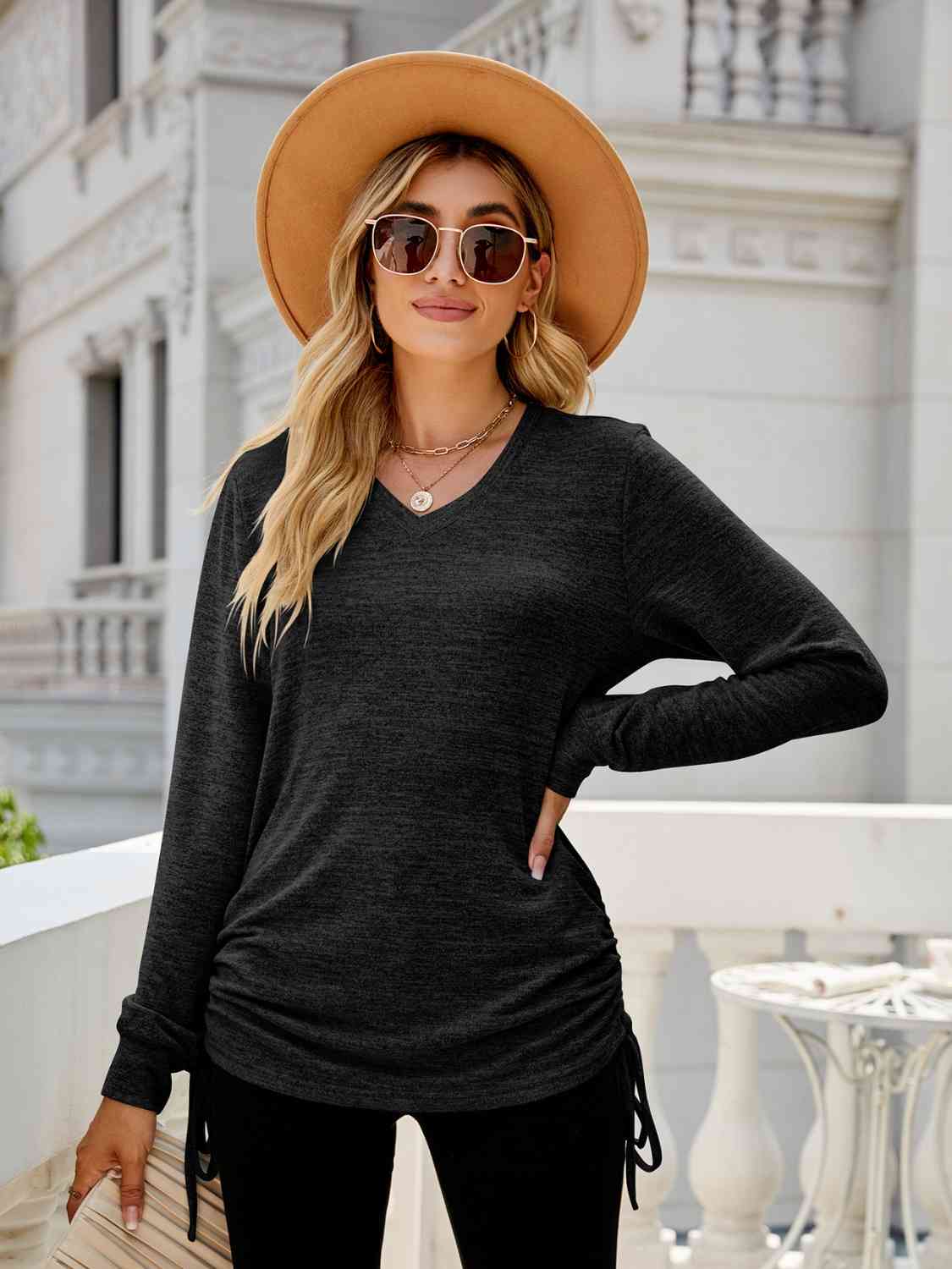 Full Size Drawstring V-Neck Long Sleeve T-Shirt