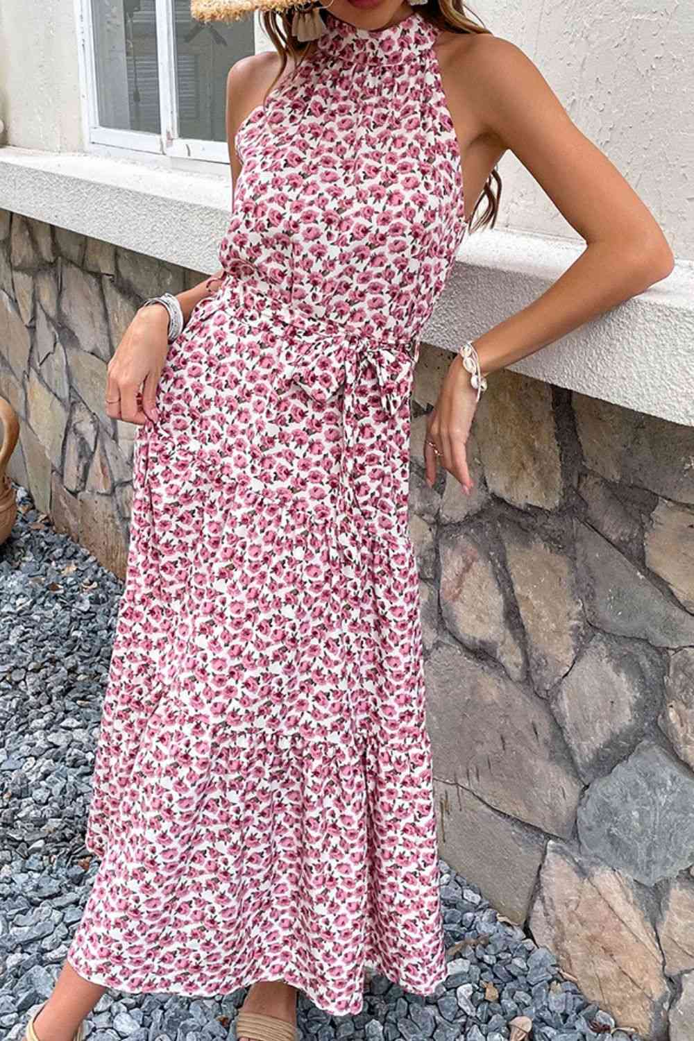 Pink Floral Tie-Waist Tiered Dress