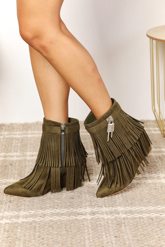 Legend Women's Tassel Wedge Heel Olive Ankle Boots