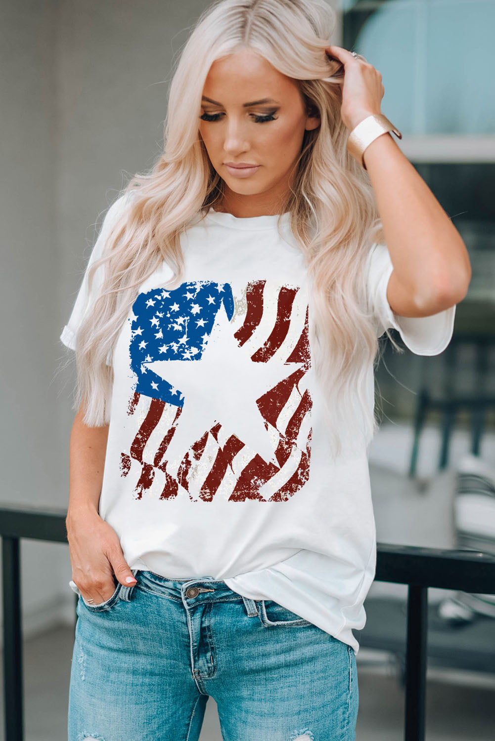 Full Size US Flag Graphic Round Neck Tee