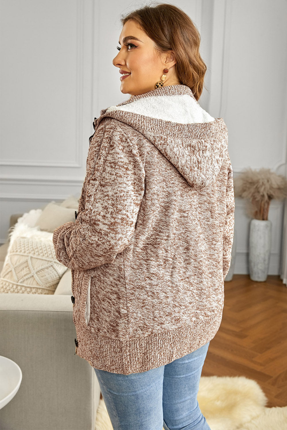 Women's Full Size Cable-Knit Fleece Lining Button-Up Hooded Cardigan