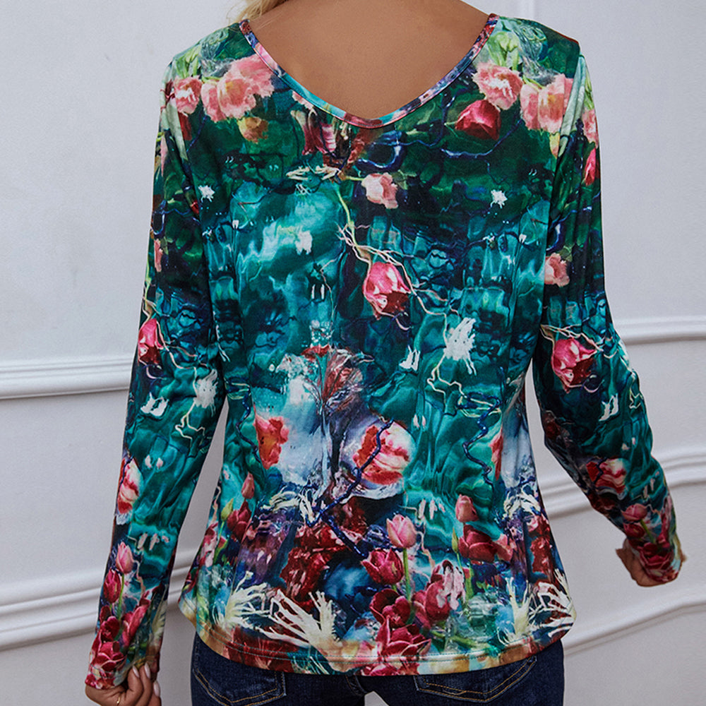 Full Size Printed V-Neck Long Sleeve Blouse