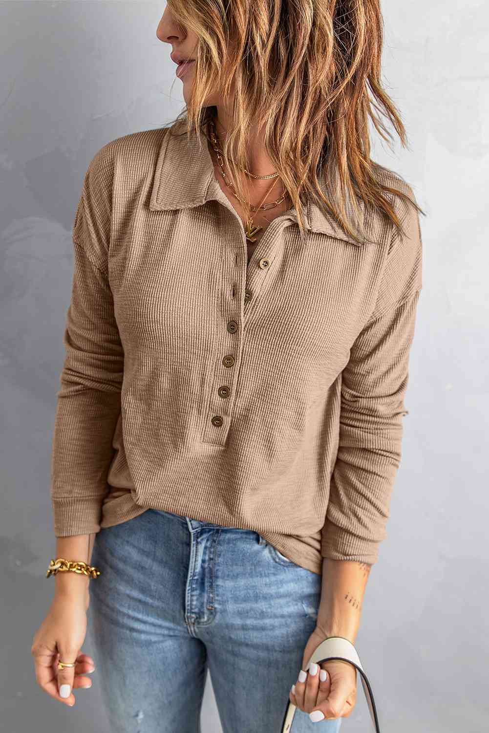FULL SIZE Half Button Collared Knit Top