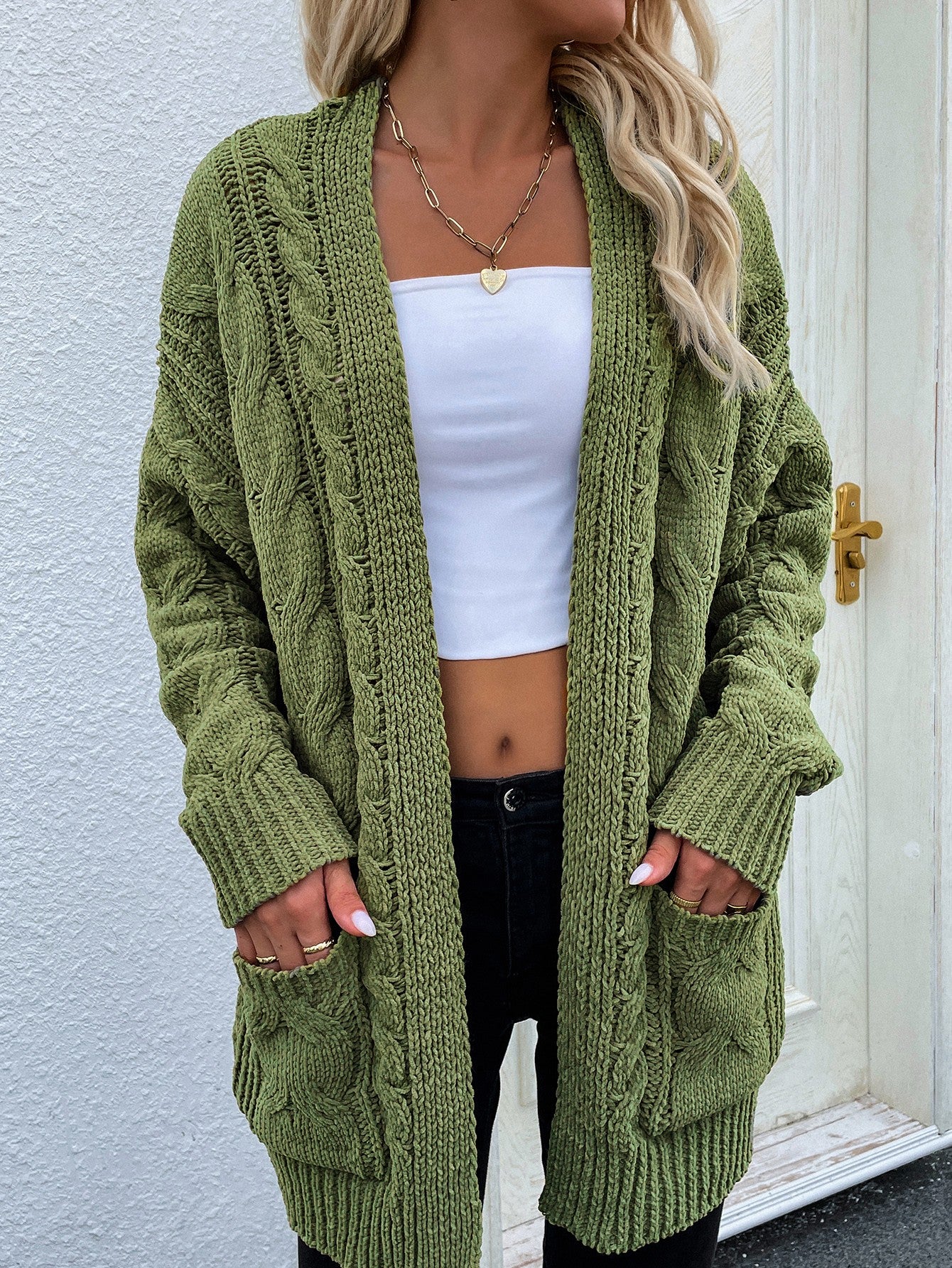 Women's Cable-Knit Open Front Cardigan with Front Pockets