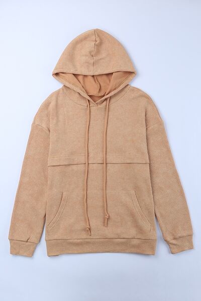 Waffle-Knit Drawstring Kangaroo Pocket Hoodie