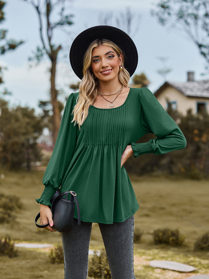 Full Size Puff Sleeve Pleated Blouse