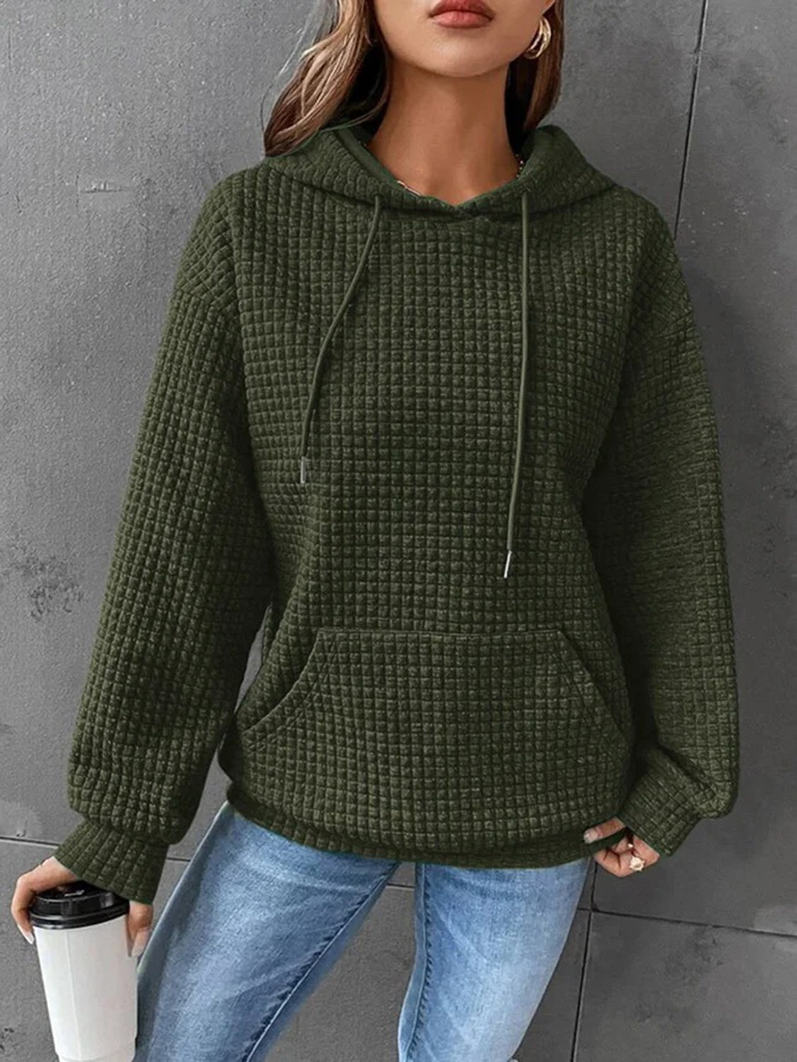 Full Size Textured Drawstring Drop Shoulder Hoodie