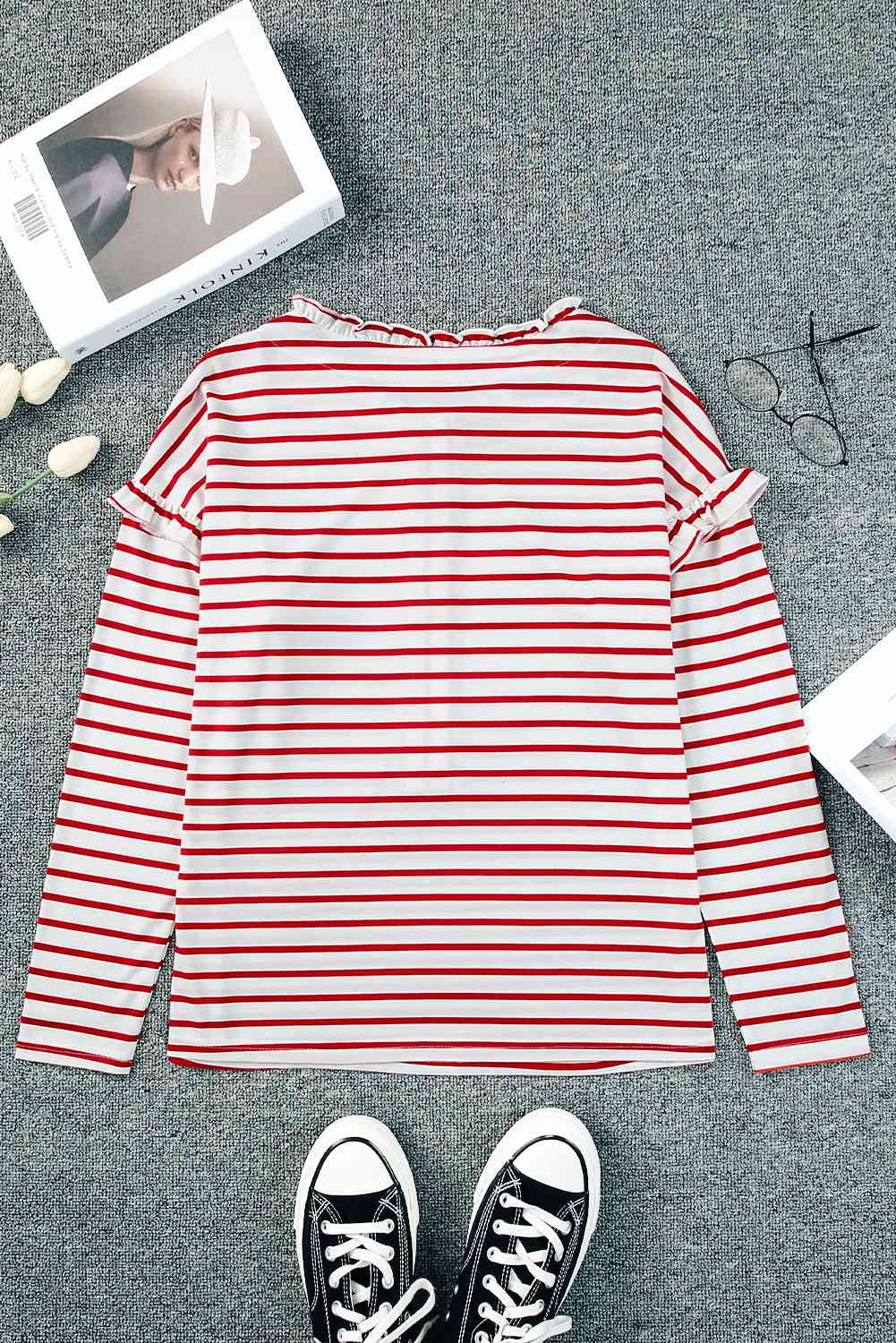 Striped Half Button Frill Trim Top