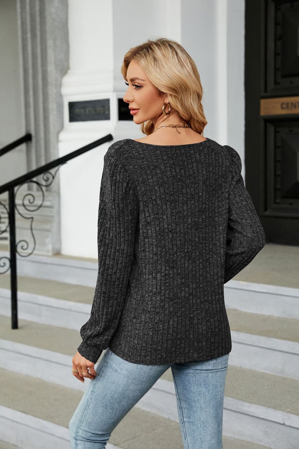 Full Size Tosha Ribbed Square Neck Long Sleeve T-Shirt