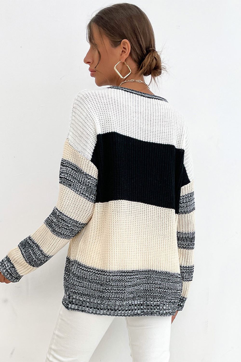 Women's Striped Dropped Shoulder Pullover Sweater