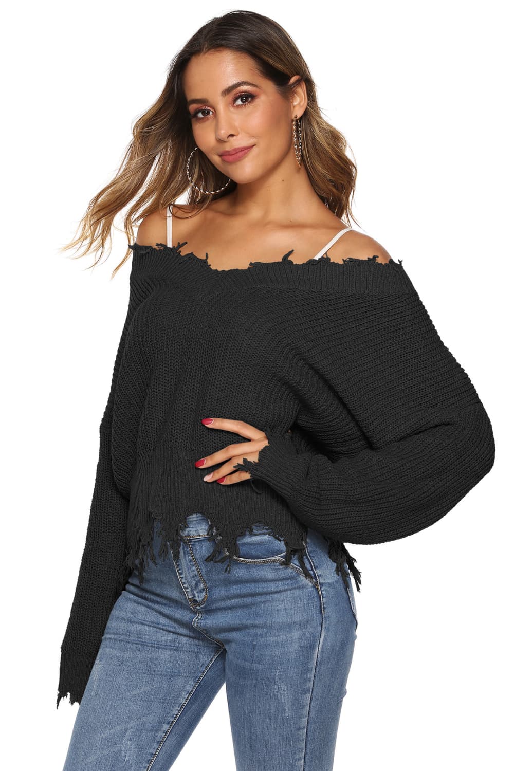 Off-Shoulder Ribbed Long Sleeve Raw Hem Sweater