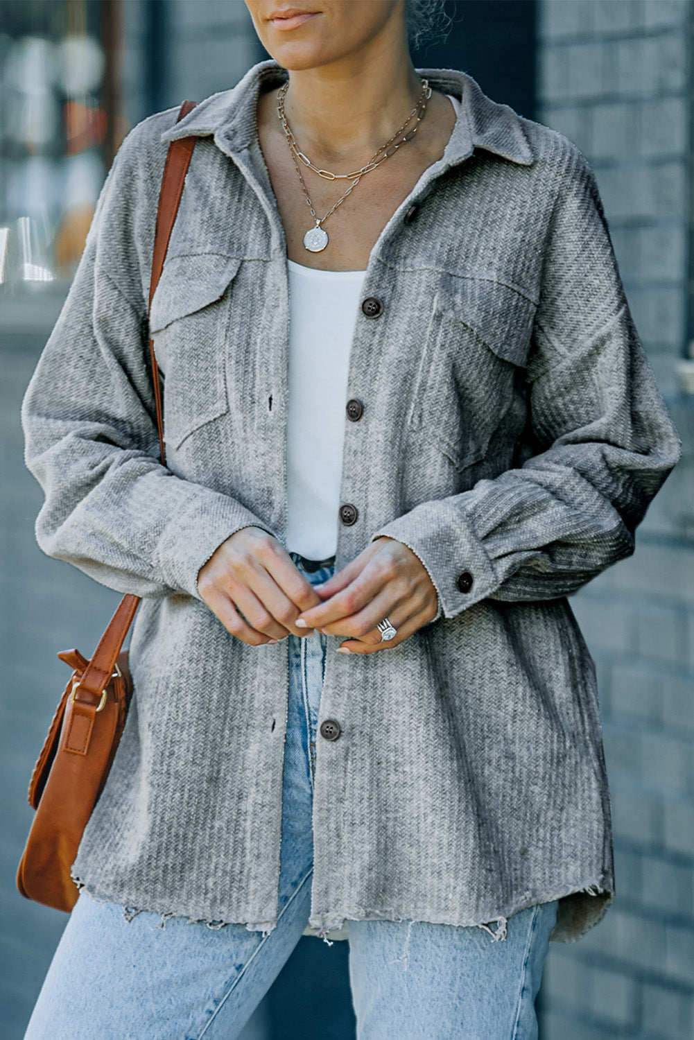 Full Size Textured Button Down Shirt Jacket with Pockets