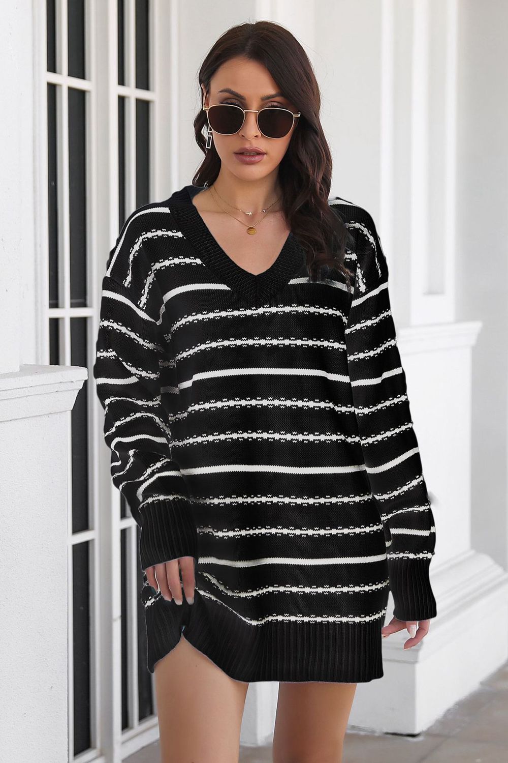 Avery Aria Striped V-Neck Sweater Dress