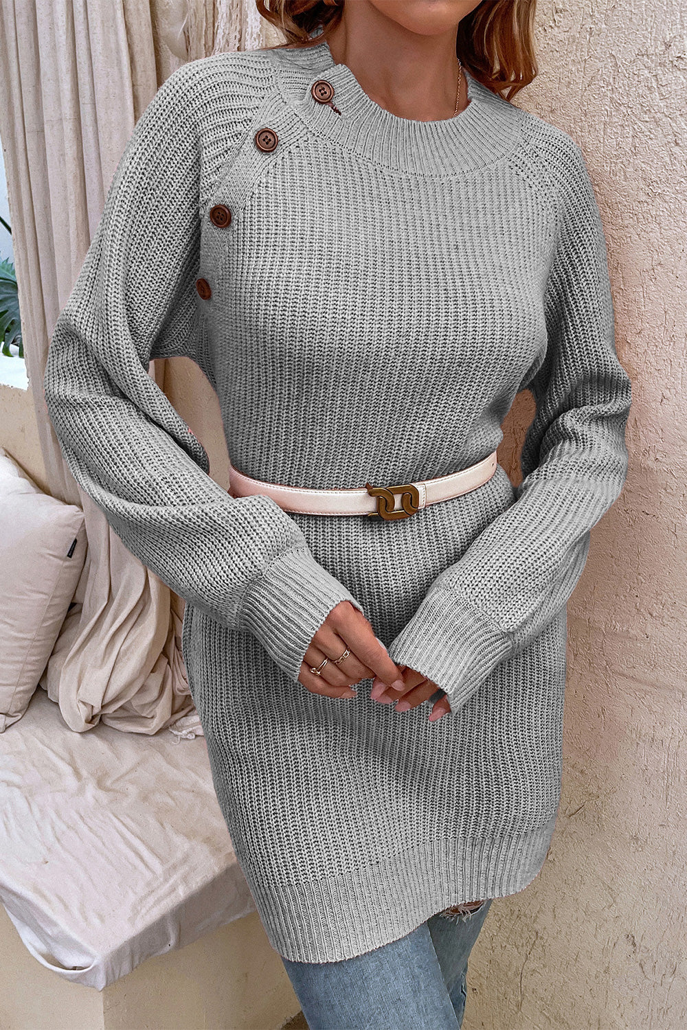 Chic Babe' Round Neck Button Detail Ribbed Sweater 🦋