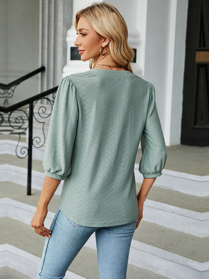 Full Size Notched Neck Three-Quarter Sleeve Blouse