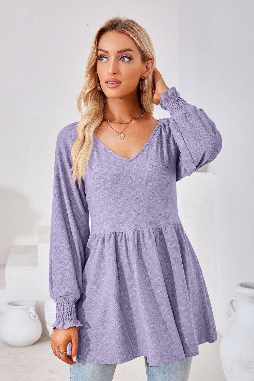 Full Size V-Neck Lantern Sleeve Blouse