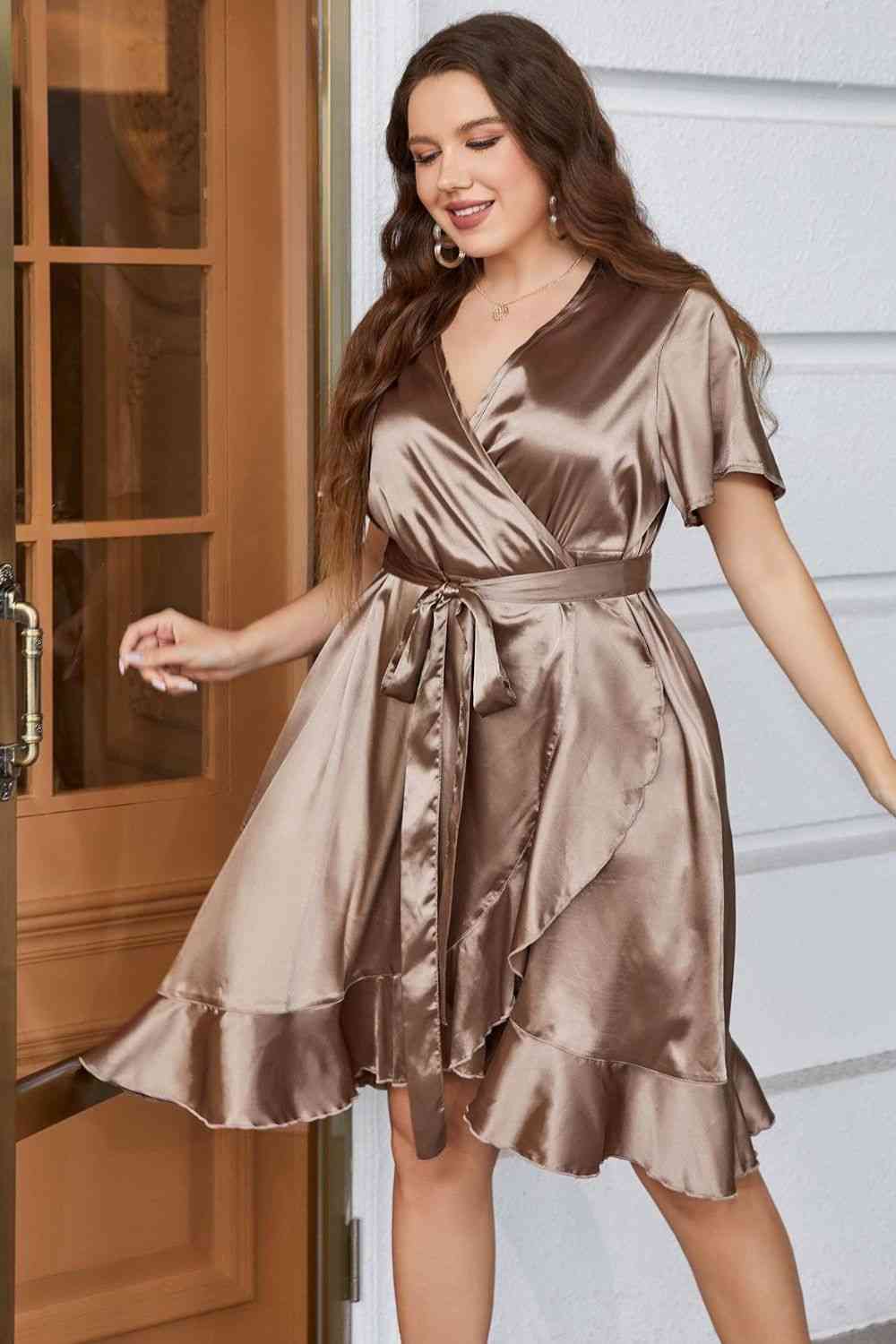 Plus Size Women's Light Brown Belted Ruffled Surplice Dress