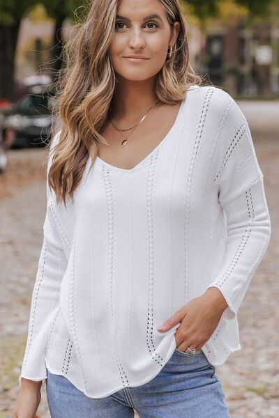 Women's Salena Openwork V-Neck Long Sleeve Knit Top