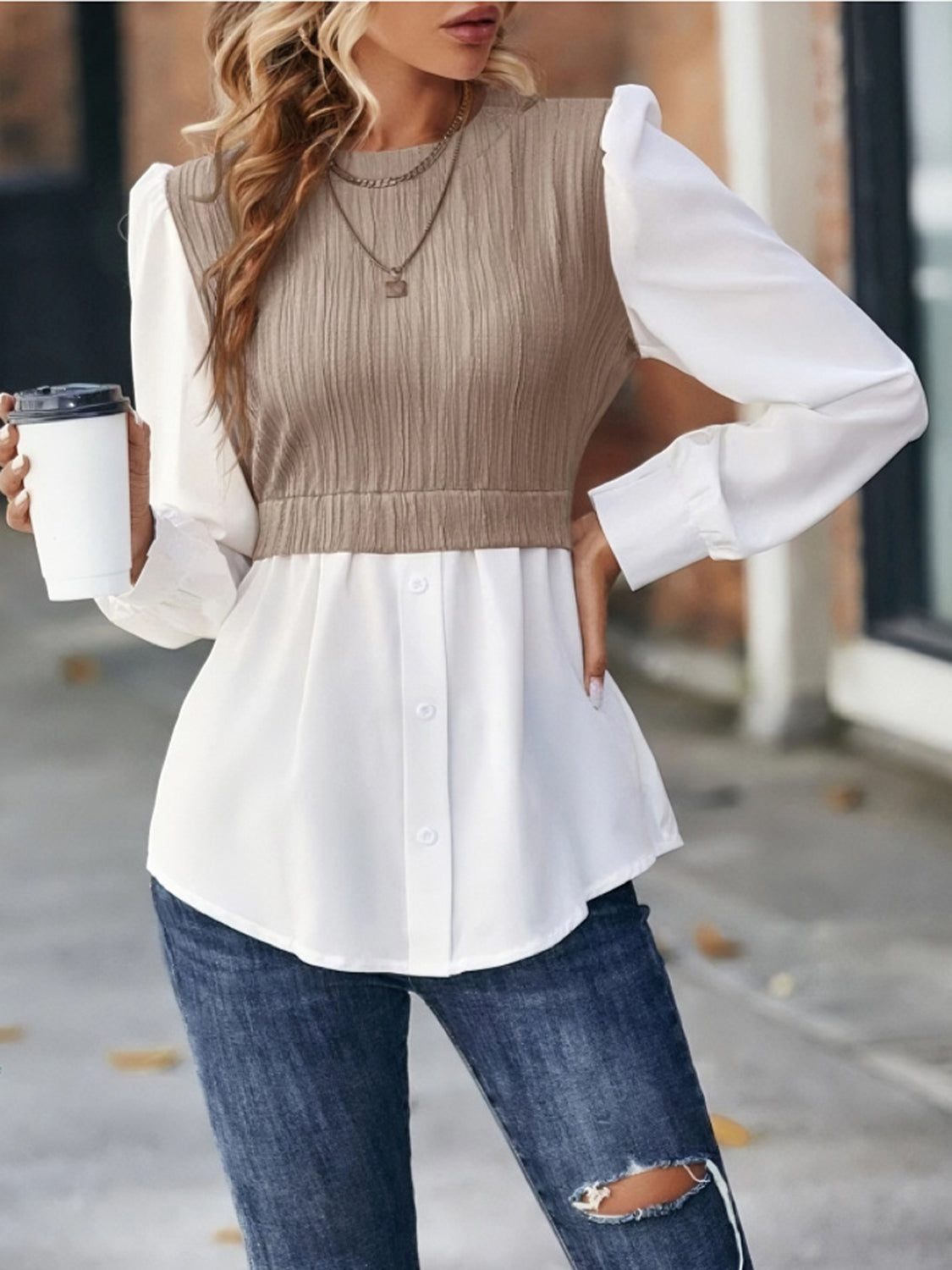 Full Size Contrast Round Neck Puff Sleeve Blouse