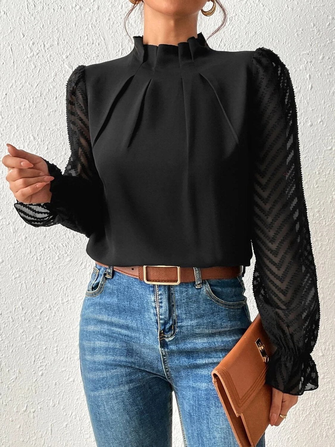 Full Size Mock Neck Flounce Sleeve Blouse