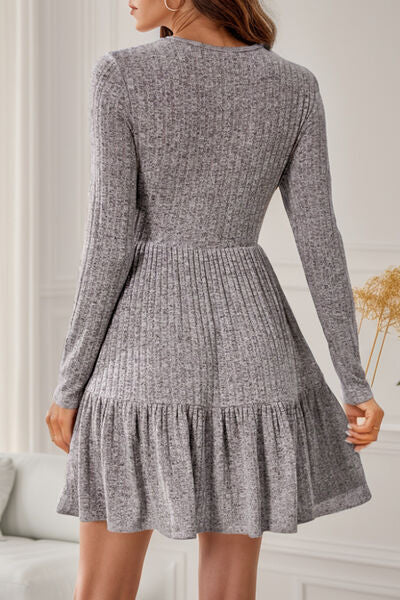 Round Neck Long Sleeve Ruffle Hem Dress