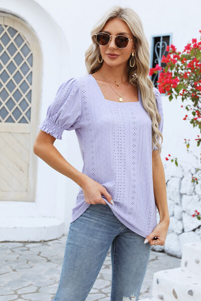 Eyelet Square Neck Short Sleeve T-Shirt