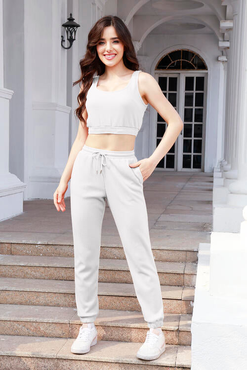 Hannah Waffle-Knit Cropped Tank and Drawstring Pants Set