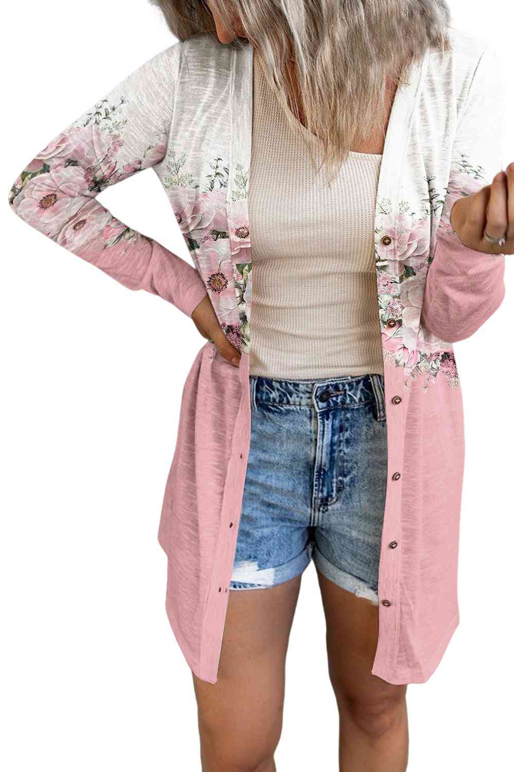 Dusty Pink Full Size Printed Button Up Long Sleeve Cardigan