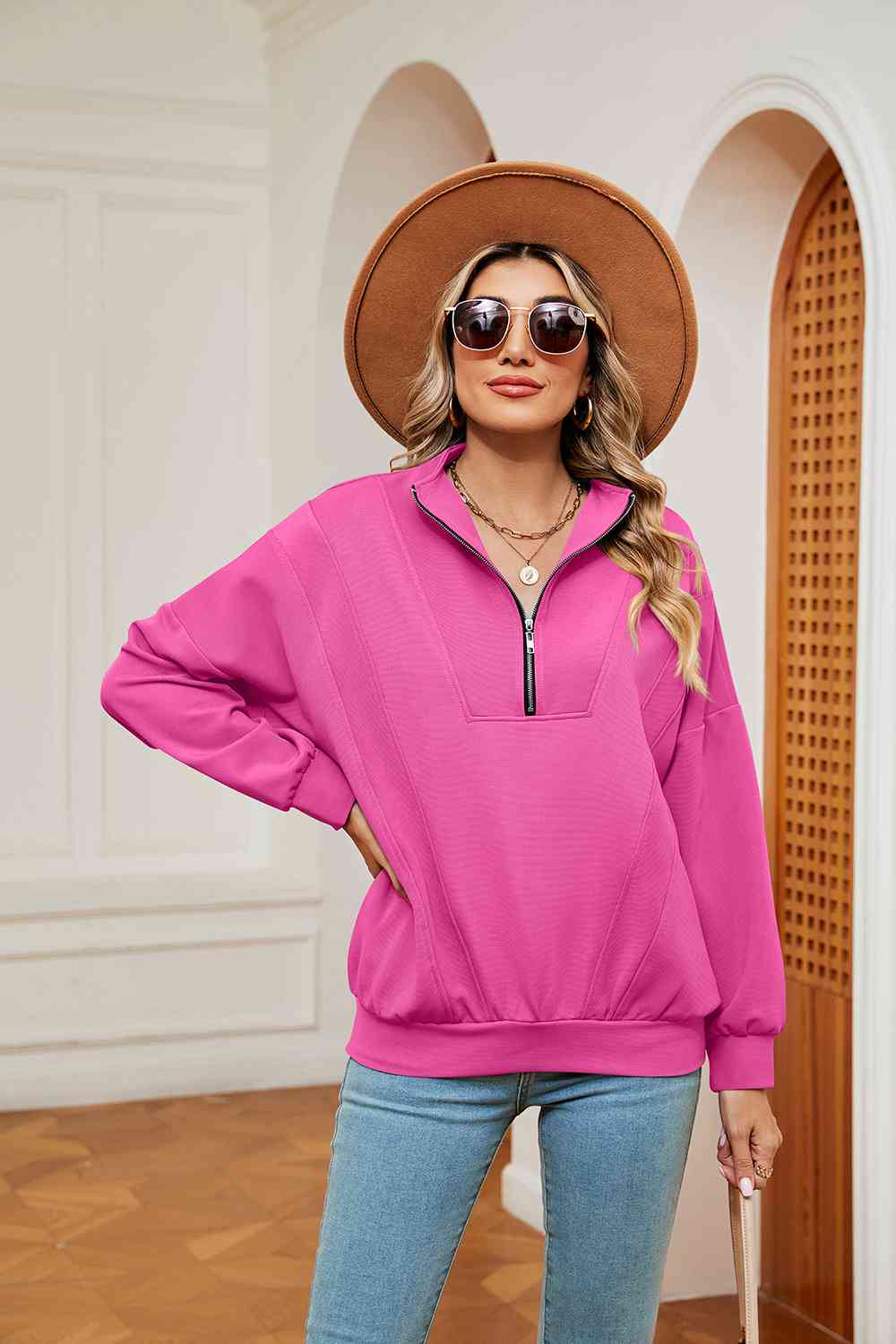 Full Size Half-Zip Dropped Shoulder Sweatshirt