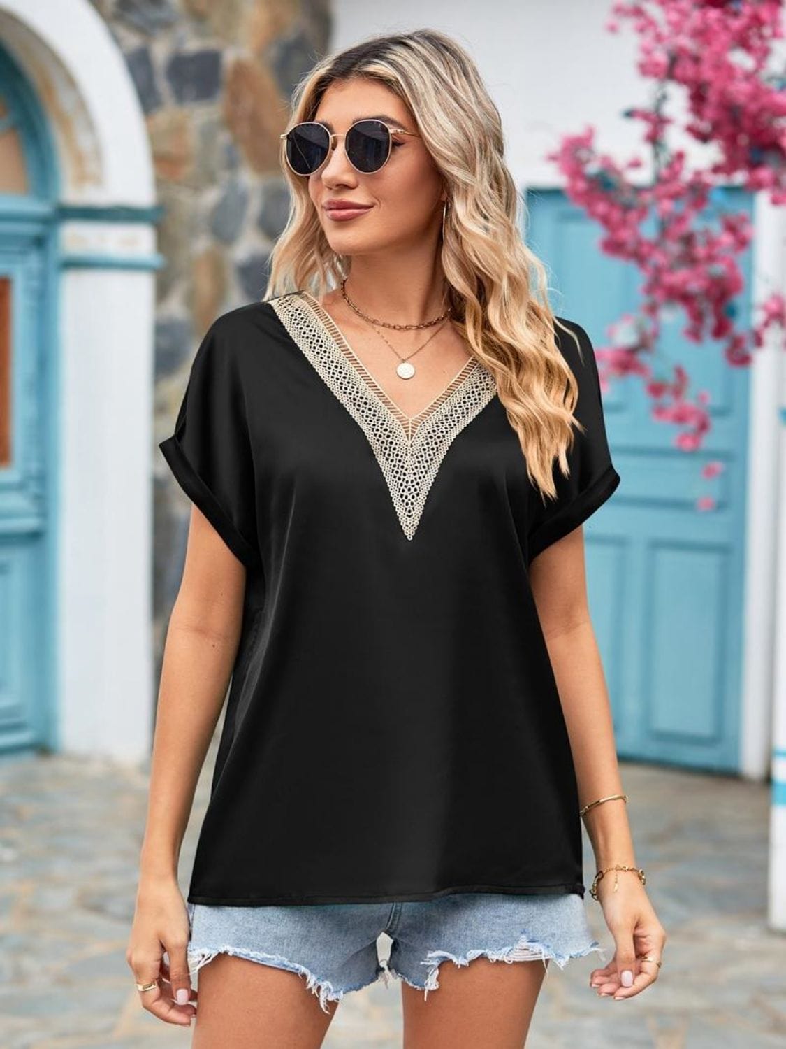 Full Size V-Neck Cuffed Blouse