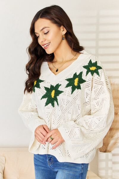 POL Cream Floral Embroidered Pattern V-Neck Sweater