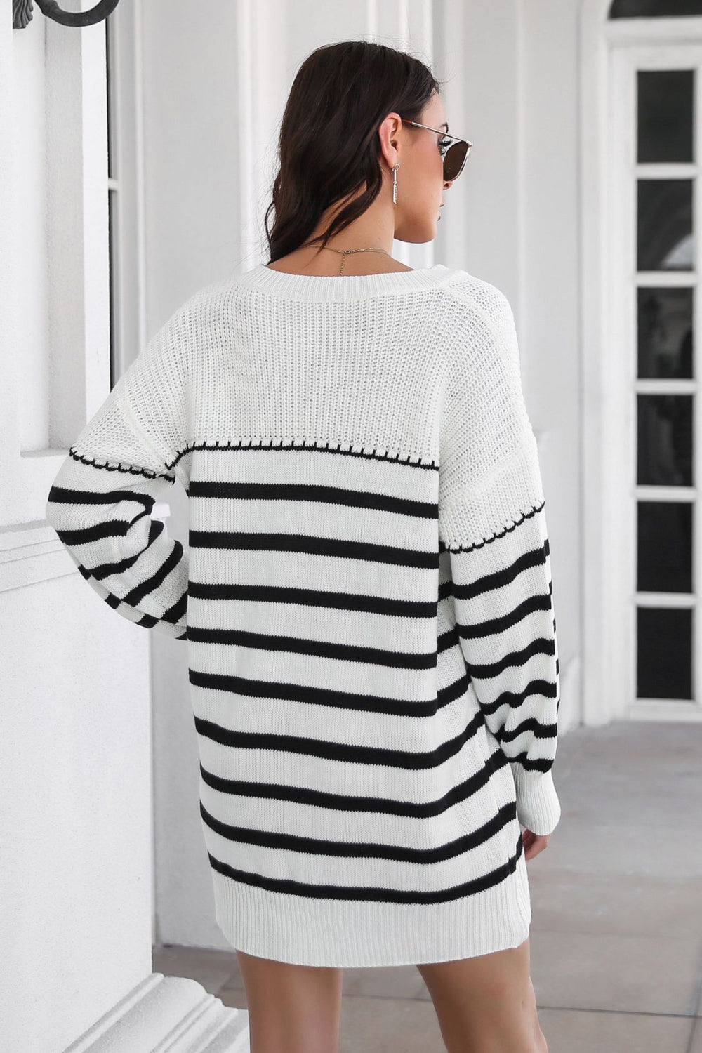 Athena Rea Striped V-Neck Drop Shoulder Sweater Dress
