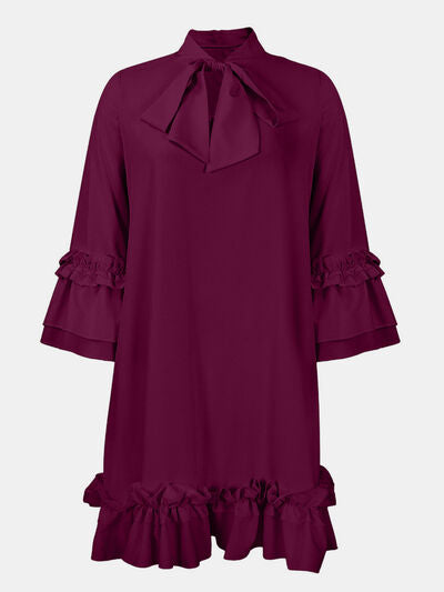 Frill Tie Neck Three-Quarter Sleeve Dress