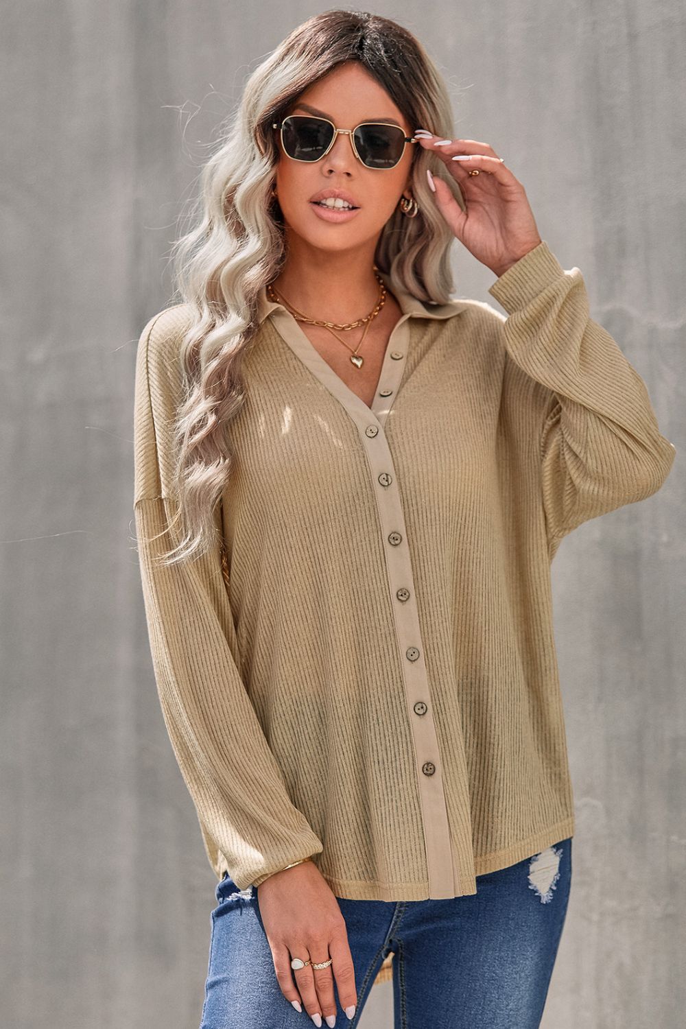 Women's Button Front Dropped Shoulder Knit Shirt