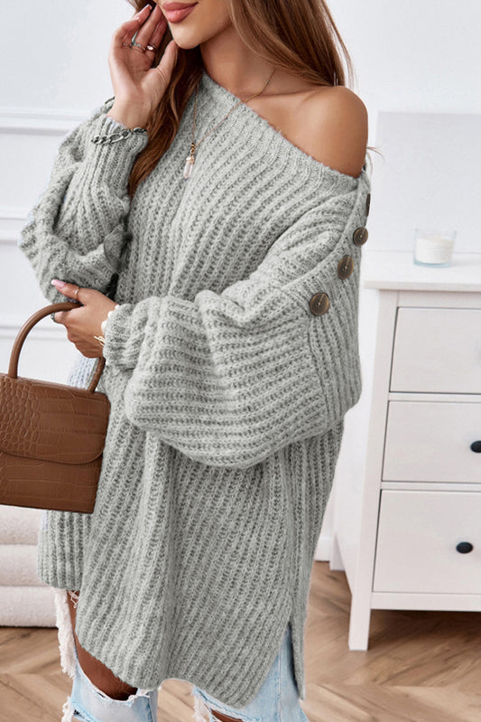 Chic Babe' Full Size Buttoned Boat Neck Slit Sweater 🦋