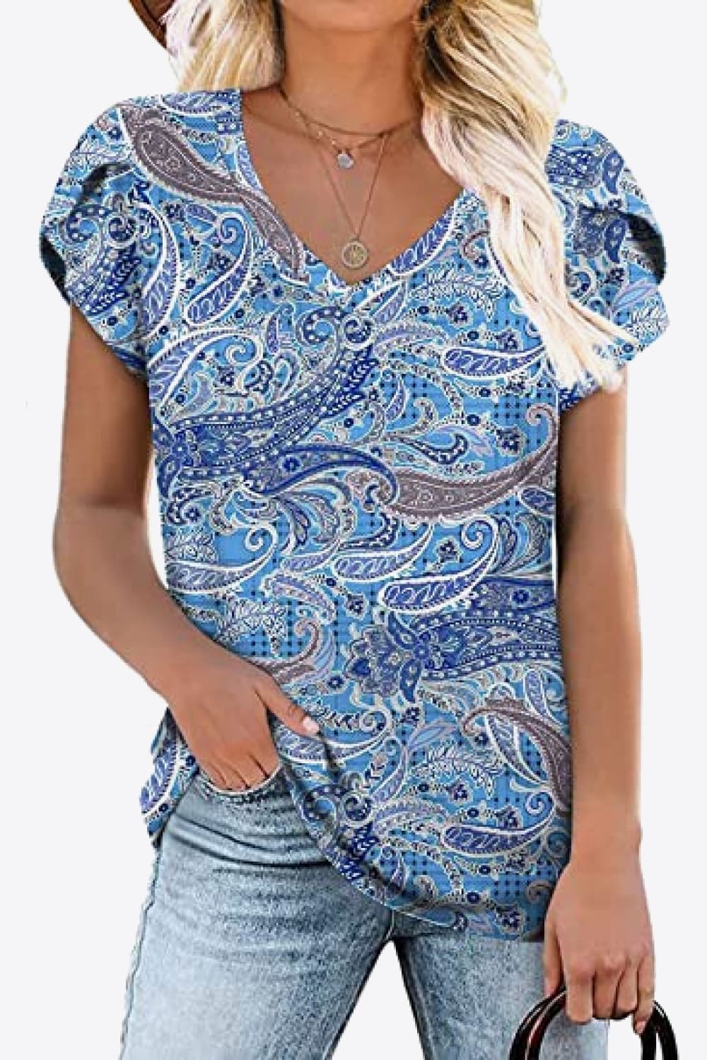 Full Size Printed Petal Sleeve V-Neck Blouse