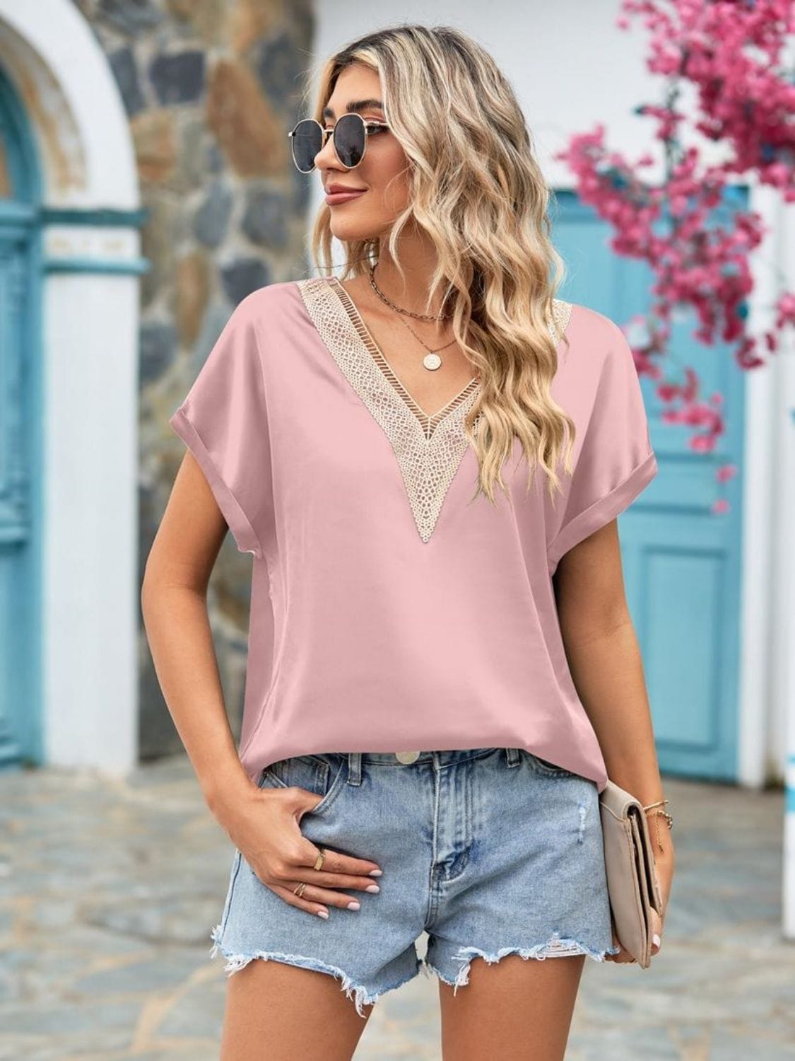 Full Size V-Neck Cuffed Blouse