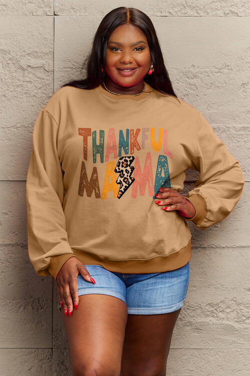 Simply Love Full Size Letter Graphic Camel Brown Long Sleeve Sweatshirt