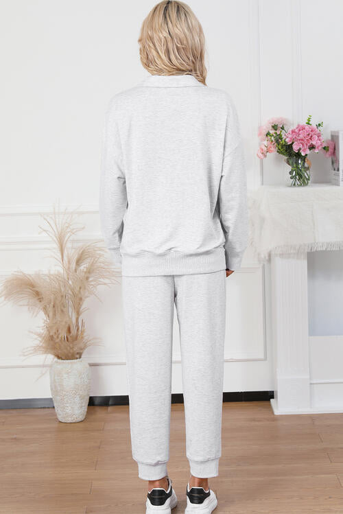 Half Zip Light Gray Sweatshirt and Drawstring Sweatpants Set