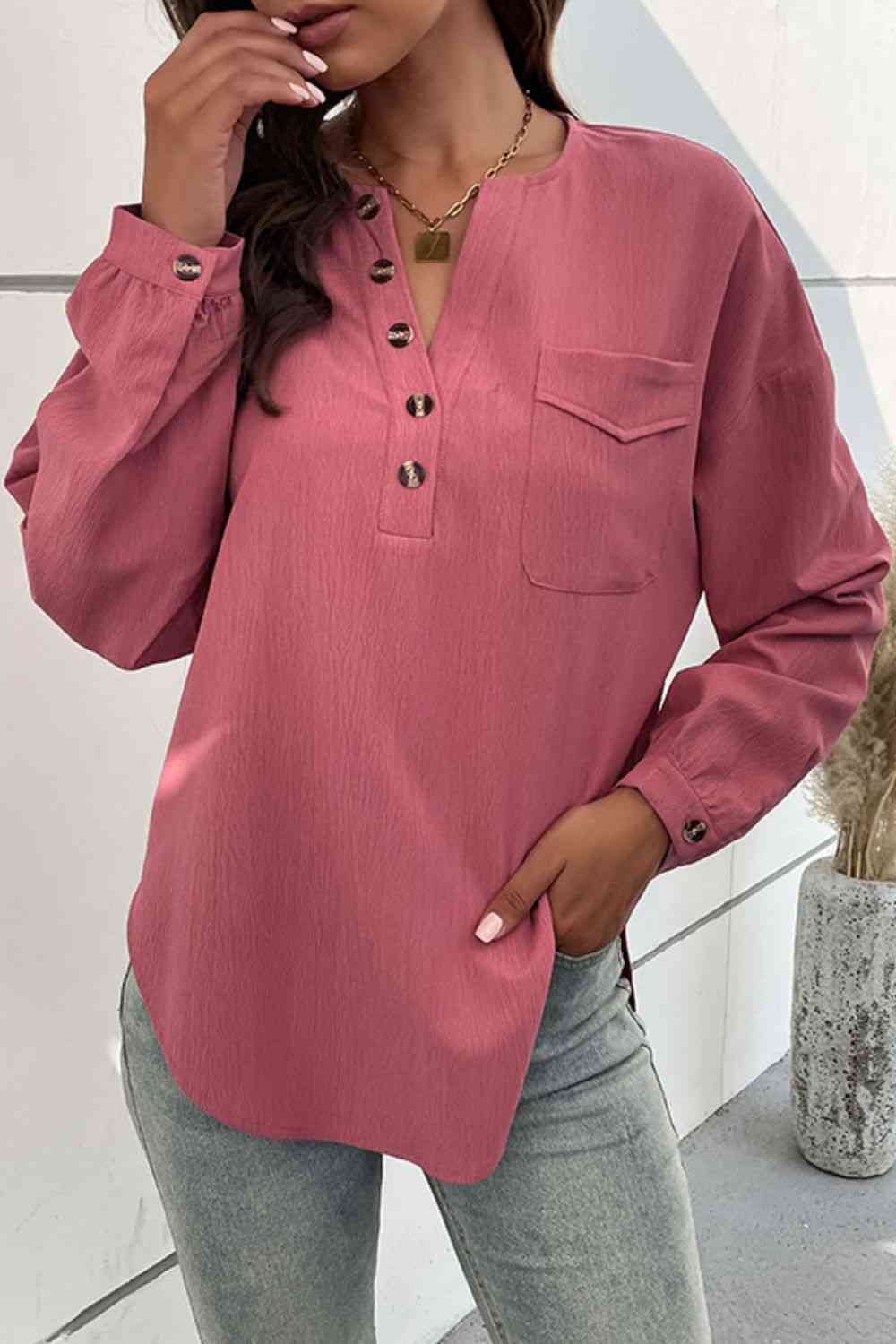 Magenta Red Half Button Pleated Detail Side Slit Blouse