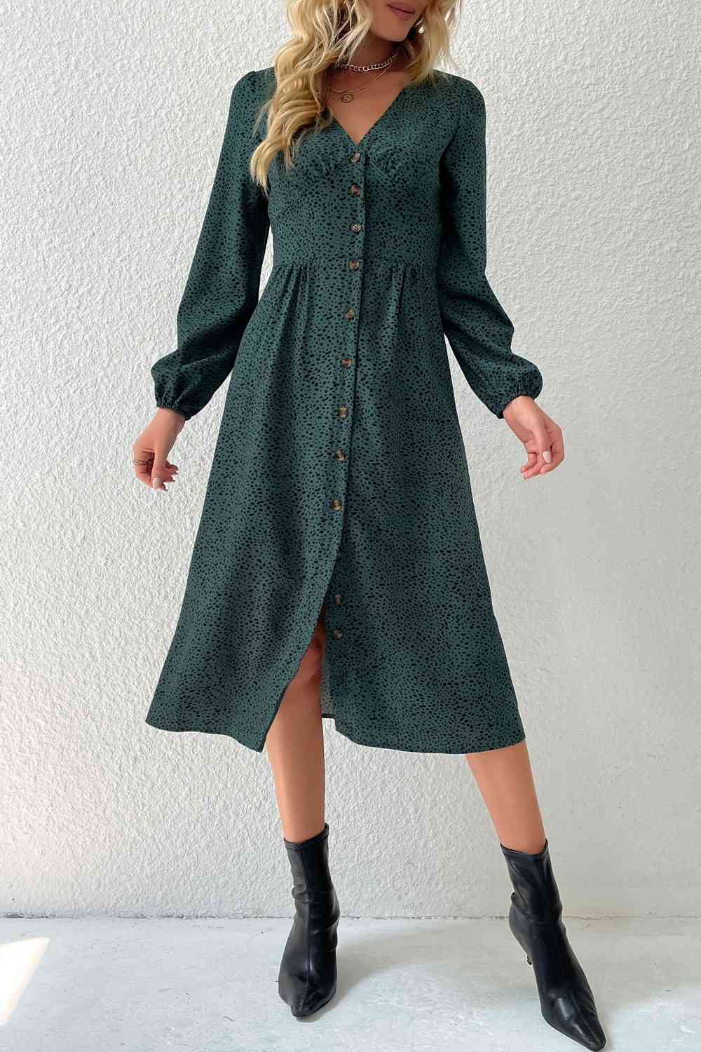 Green Printed Button Down V-Neck Midi Dress