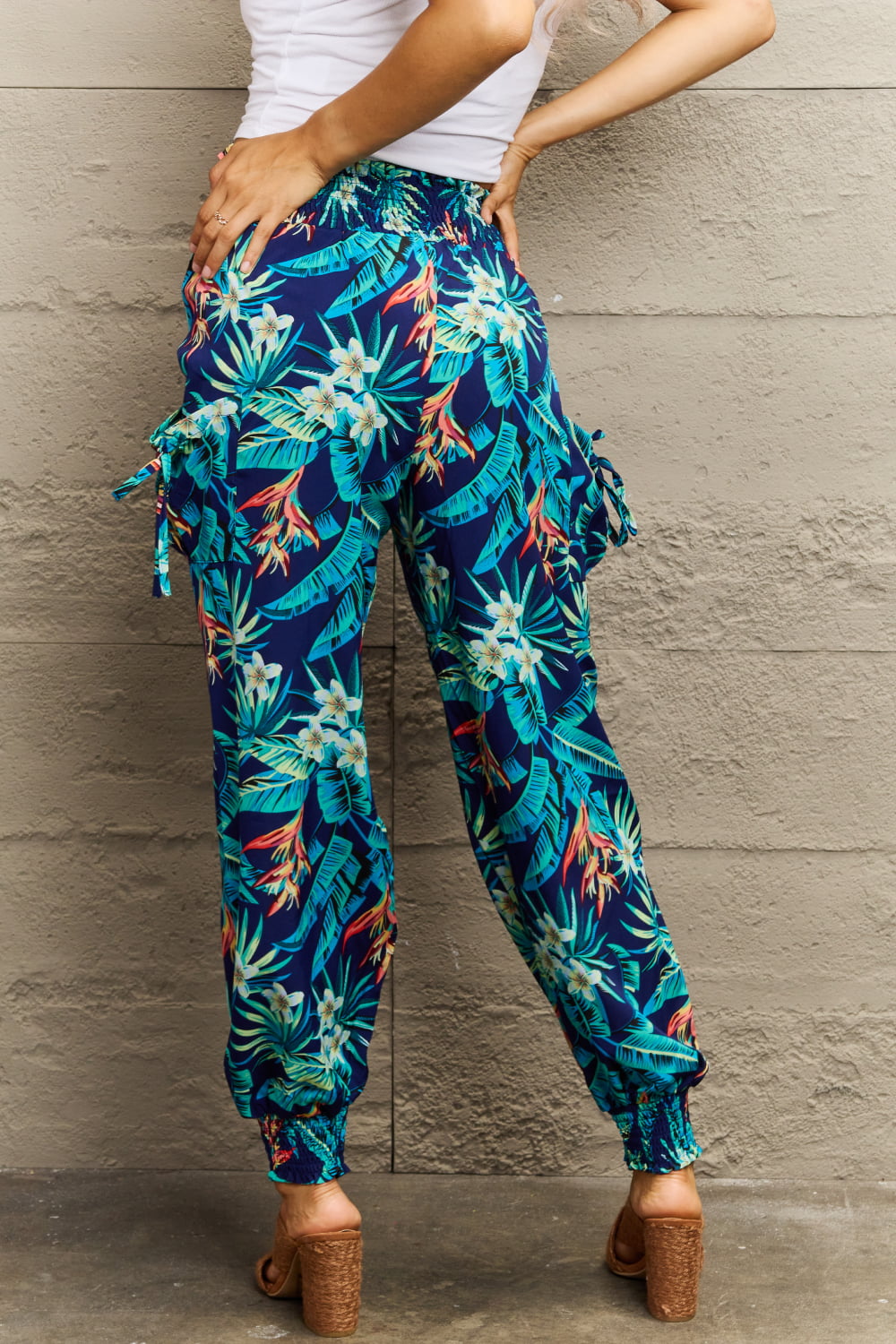 Multicolored Smocked Plant Print Long Pants