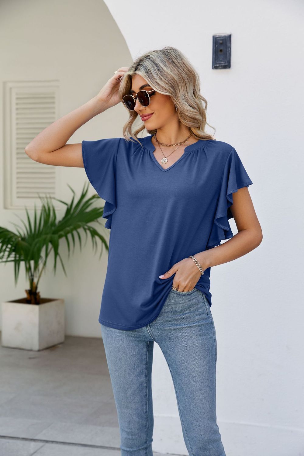 Women's JAYLEEN Full Size Notched Neck Flutter Sleeve Tee