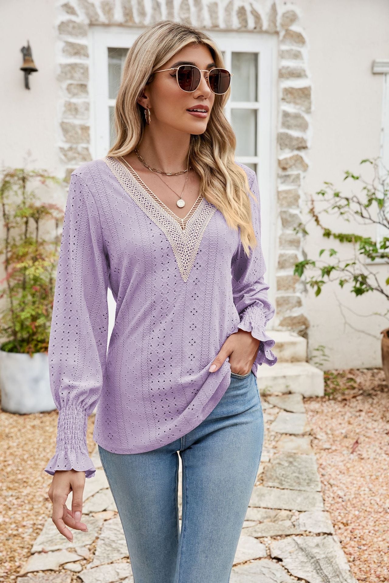 Pretty Purples Eyelet V-Neck Smocked Flounce Sleeve Blouse