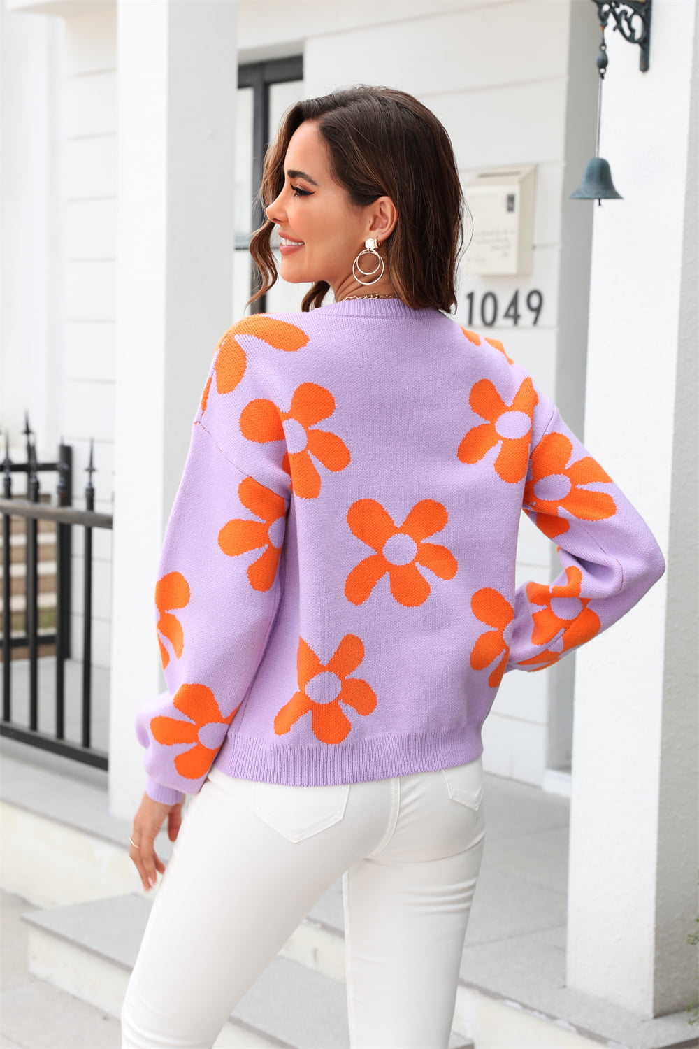 Hannah&Mea Floral Print Round Neck Dropped Shoulder Pullover Sweater