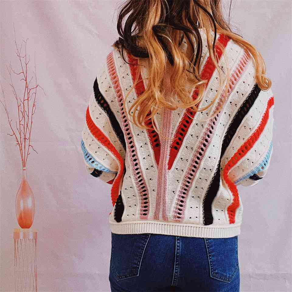 Striped Openwork Round Neck Sweater