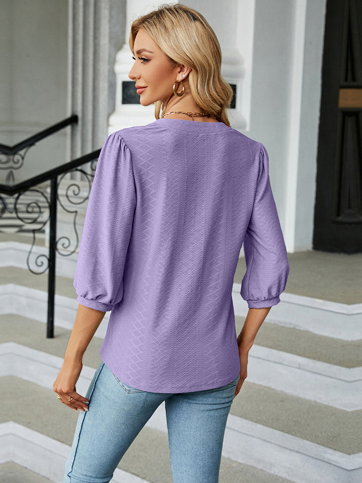 Full Size Notched Neck Three-Quarter Sleeve Blouse