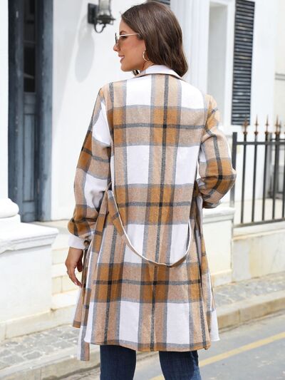 Penelope Plaid Belted Collared Neck Button Up Jacket