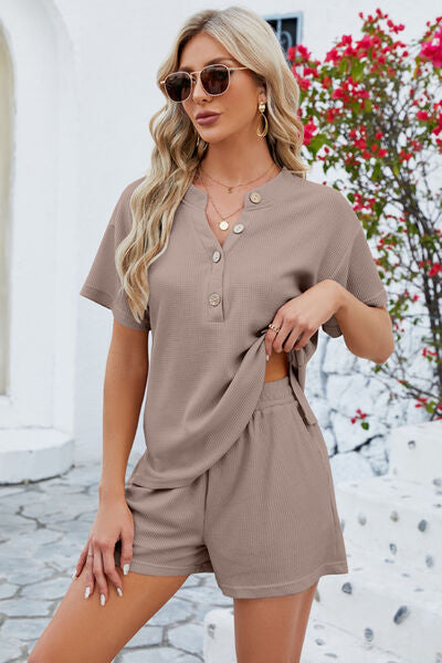 Adryane Jay Notched Button Detail Dropped Shoulder Top and Shorts Set